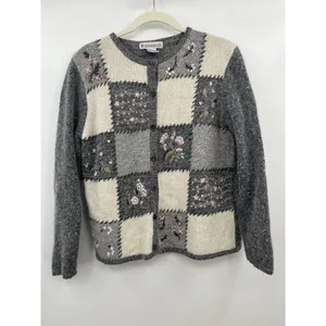 Dress Barn Women's Cardigan Sweater Patchwork Floral Silk Cottagecore L Grey thumbnail 2