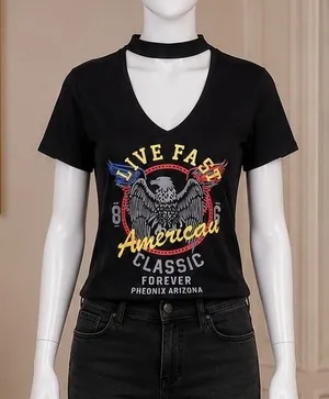 Wooahada Womens T-Shirt Dress Black Eagle Graphic Choker Neck M thumbnail 1