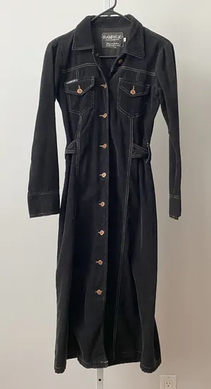 Rampage S Black Corduroy Maxi Dress Button Front Long Sleeve Belted Y2K‎ Grunge thumbnail 1