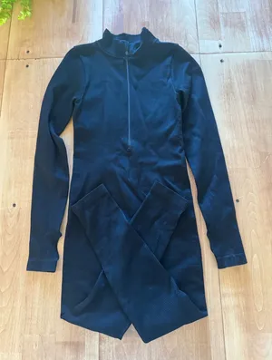 OQQ Black Ribbed Long Sleeve‎ Half Zip Jumpsuit with Thumbholes Small thumbnail 1