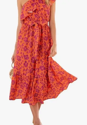 NWOT Elegant One-Shoulder Boho Floral Dress - Orange and Purple thumbnail 1