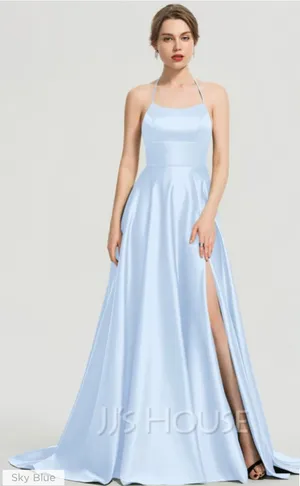 Romantic JJs House Sky Blue Satin Halter Backless Split Maxi Gown w/ Train thumbnail 1