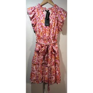 Anthropologie Fate Pink Floral Flowy Tiered Ruffle Peasant Mini Dress Small NWT thumbnail 4