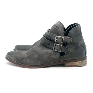 Free People Braeburn Distressed Gray Leather Ankle Boots 37 Double Buckle Strap thumbnail 2