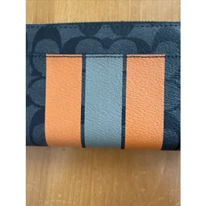 Coach Signature Accordion Zip‎ Around Wallet Charcoal Orange Large Striped NWT thumbnail 3