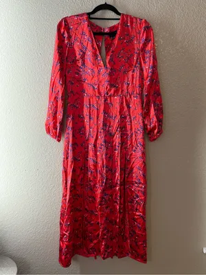 Topshop Red Floral Satin Midi Dress Open Back Long Sleeve V Neck Size 6 thumbnail 5