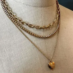 Gold tone triple chain heart locket pendant necklace thumbnail 4
