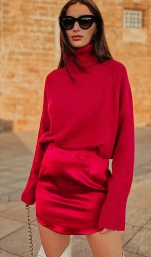 ZARA Red Satin Effect Mini Skirt High Waisted Skirt Curved Hem Womens Size Large thumbnail 1