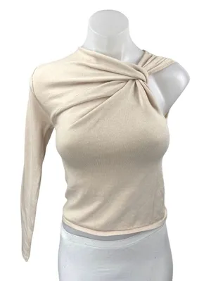 Zara Women's Cream Beige Twist Front One Shoulder Long Sleeve Knit Crop Top Sz S thumbnail 1
