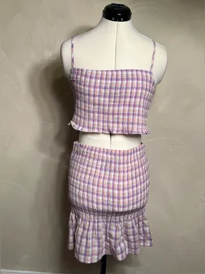 Timing Women’s Smocked Lilac Plaid/Gingham Babydoll Skirt & Top Matching Set|LRG thumbnail 2