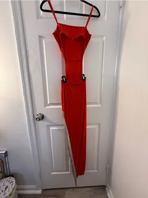 Red Strappy Cutout Evening Dress with Fringe thumbnail 5