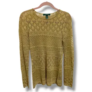 Lauren Ralph Lauren‎ Gold Metallic Pointelle Knit Crochet Sweater Top Womens M thumbnail 2