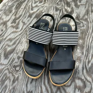 𝅺ITALIAN‎ Shoemakers Shoes Wedge black white spring summer Strappy stripe thumbnail 7