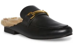 Steve Madden Black Leather Fur-Lined Mule with Gold Horsebit thumbnail 1
