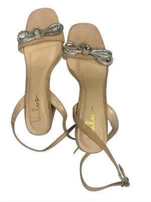 Lulu's Tan Bow Ankle-Strap Sandals with Rhinestone Accent thumbnail 1