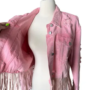 Cropped Pink Distressed Fringe Denim Jean Jacket L Western Cowgirl Festival thumbnail 7