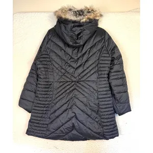 Lands‎ End Coat Womens 18 Black Puffer Hooded Fur Trim Insulated Mid Length thumbnail 2