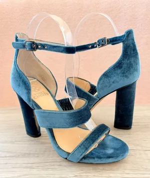 Vince Camuto Robeka Blue Velvet Fabric Strappy Buckle 4" Chunky Heel Sandal 5.5 thumbnail 1