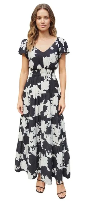 Rachel Zoe Black White Floral Smocked Waist Tiered Maxi Dress Short Sleeve Small thumbnail 1