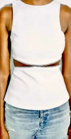 ZARA NWT viral TIK TOK White Jeweled Rhinestone Embellished Cutout Top XL thumbnail 1