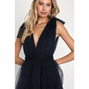 NWT Lulus Flawless Arrival Navy Blue Tulle Tie-Strap Tiered Maxi Dress Size L thumbnail 3