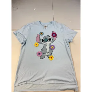 Disney Stitch Flower T-Shirt Womens Blue Graphic Crew Neck Short Sleeve‎ thumbnail 2