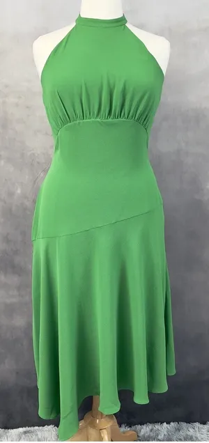 Donna Morgan Halter Neck Dress Size 14 Empire Waist Asymmetric Soft Glam Coastal thumbnail 1