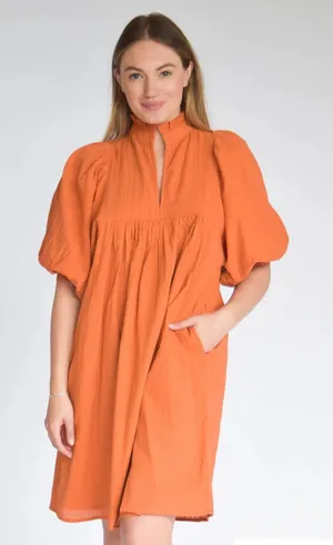 NWT‎ Never a Wallflower High Neck Dress Orange Seersucker Ruffle Puff Sleeve thumbnail 1