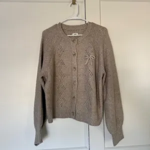 NWT Aerie Pointelle Bow Cardigan Sweater Tan Oatmeal size small thumbnail 2