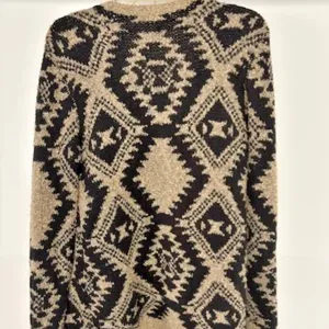 Cato Womens Beige Black Gold Metallic Open Front Cardigan Geometric Tassel Drape thumbnail 6