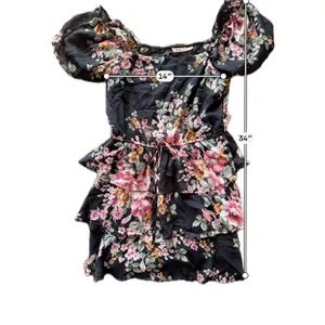 Floral Tiered Mini Dress Black Puff Sleeve Square Neck Ruffle Chiffon Summer thumbnail 3