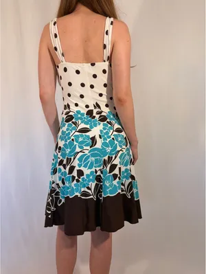 Polka Dot White Brown and Blue Floral Knee Length Y2K Dress thumbnail 4