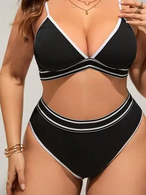 SheIn Black Two-Piece Bikini Set with White Trim thumbnail 3