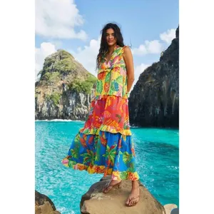Farm Rio Dress Size Large Tiered Maxi Beaded Mixed Print Floral Anthropologie thumbnail 2