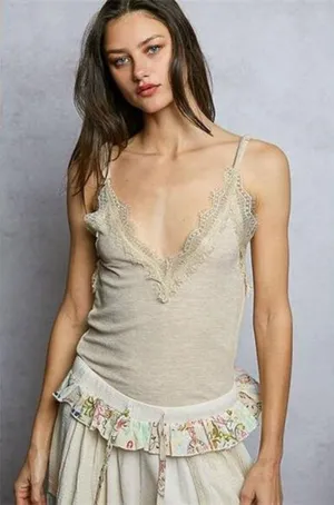 POL Lace Detail‎ V-Neck Ribbed Cami thumbnail 1