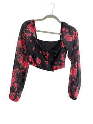 Women's Lulus Black Red Floral Mesh Long Sleeve Crop Top S thumbnail 6
