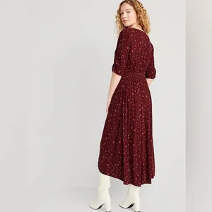 Old Navy Burgundy Puff-Sleeve V-Neck Midi Dress NWT NEW Large Burgundy Floral thumbnail 3