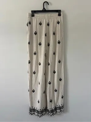 Zara Off White Black Linen Blend Geometric Boho French Countryside Casual Pants thumbnail 4