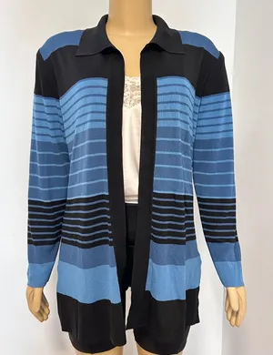 Misook Striped Knit Cardigan Sweater Blue Black‎ Long Sleeve Collar Medium thumbnail 1