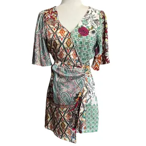 Zara Green Multi Color Pattern Patchwork Floral Mini Dress in Size Small thumbnail 2