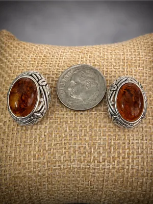 Estate Amber Sterling Silver Earrings Baltic Cognac Color Signed thumbnail 3