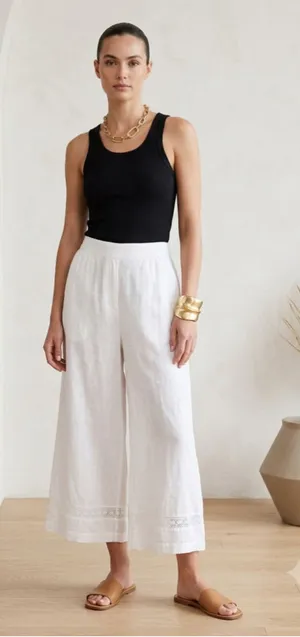 New Directions White Linen Blend Culottes Palazzo Pants Wide Leg Lace Trim Med M thumbnail 1