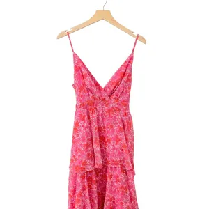 Lulus Adorable Obsession Pink Floral Print Lurex Tiered Midi Dress size L NWT thumbnail 7