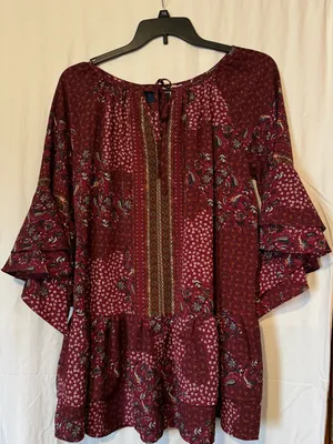 Umgee Maroon Boho Mixed‑Print Tiered Sleeve Tunic/Mini Dress Size Medium thumbnail 1
