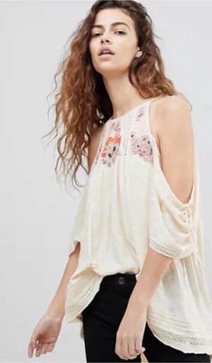 Free People Fast Times Cold Shoulder Top XS xsmall (Neutral) embroidered beaded thumbnail 1