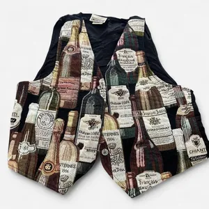 Vintage Wine Bottle Print Vest | USA-Made | Textured Fabric Quirky Button-Up LG thumbnail 2