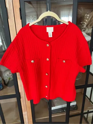H&M sweater cardigan Structured Knit Short Sleeve gold buttons top pockets thumbnail 6