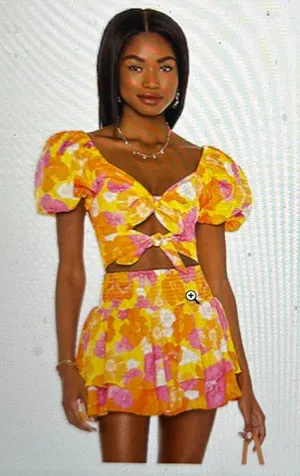 Agua Bendita Set Bailee Crop Top Teresa Tiered Skirt Yellow Blooms Size Small thumbnail 1