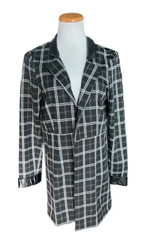 Womens Cato Faux Leather Black Plaid Duster Blazer Open Front Jacket - Sz M thumbnail 1