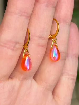 Handmade AB orange mini teardrop Czech glass simple minimalist earrings🧡 thumbnail 4